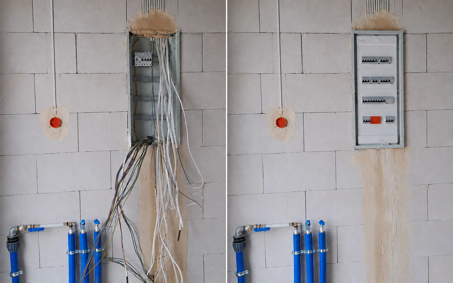 Instalacja elektryczna w nowym domu przed i po montażu rozdzielnicy