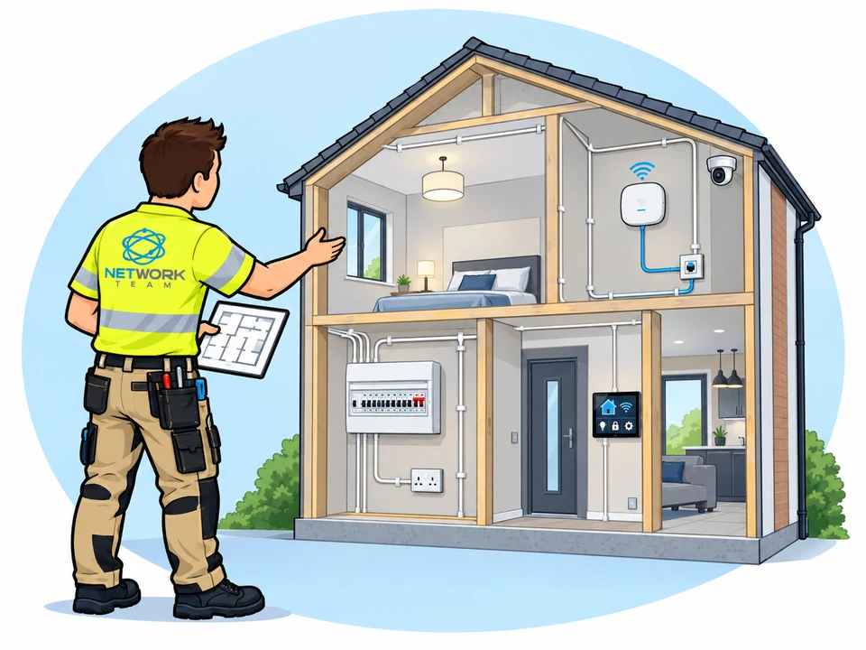 Ilustracja technika Network Team i instalacji elektrycznych, LAN, monitoringu oraz automatyki w domu