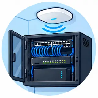 Szafa teletechniczna, switch LAN i punkt dostępowy Wi-Fi